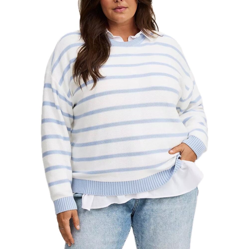 Torrid Coastal Blue and White Striped Relaxed Fit Long Sleeve Crewneck Sweater